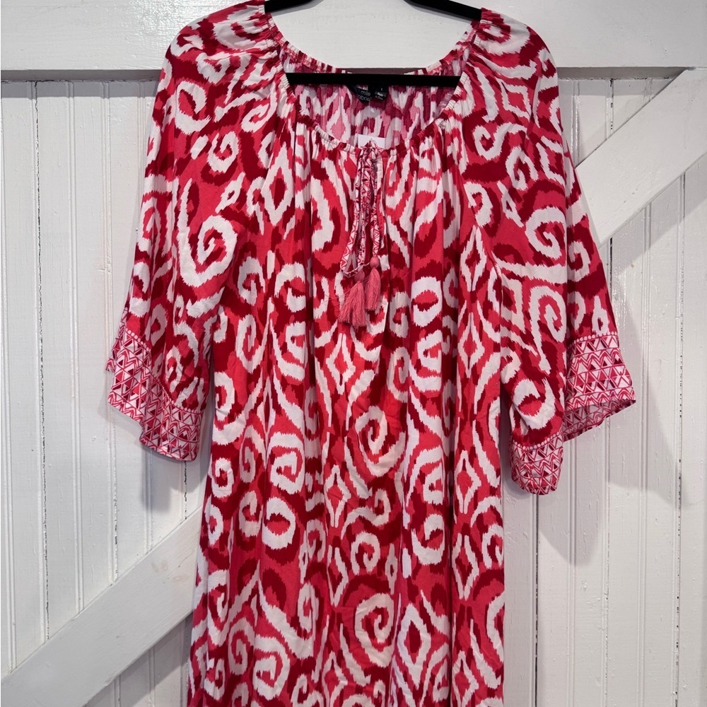 Mlle Gabrielle Pink Red Ikat Boho Tassel Dress Size L NWT - Picture 2 of 11